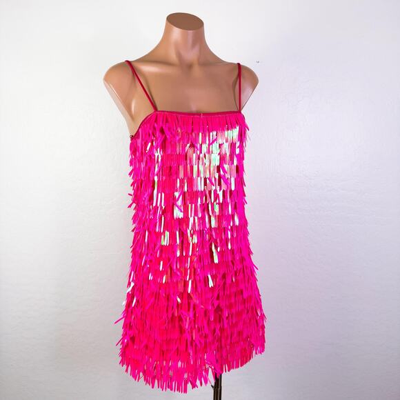 Hot Pink Fringe Sequins Mini Dress Formal Party Popstar Showgirl Girly Sz XS NWT - Picture 4 of 13